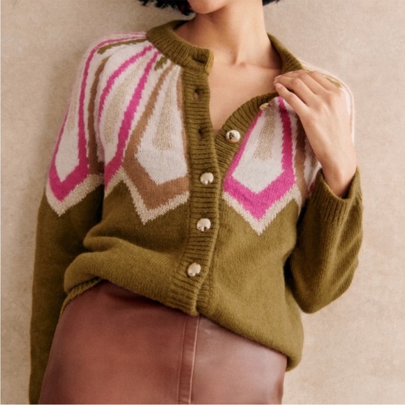 Sezane Hamel Gilet Cardigan Sweater in Khaki Multicolor Metallic Gold size Large - Picture 3 of 9